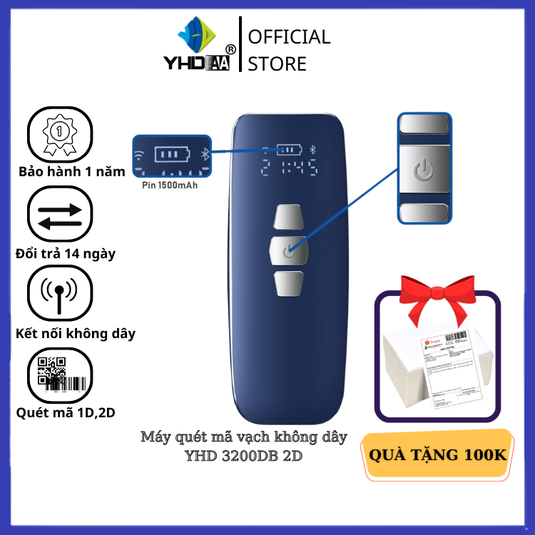 Máy quét mã vạch Qrcode Mini YHD 3200DB 2D, Máy đọc mã QR kết nối Bluetooth/ 2.4G dùng trên Điện thoại, PC - Hàng nhập khẩu