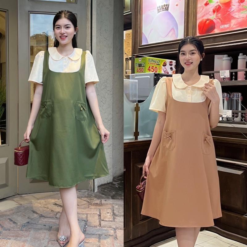 Đầm bầu yếm liền cổ sen phối túi đính nơ form suông thanh lịch chất cotton lạnh Váy Bầu Xinh - Nâu