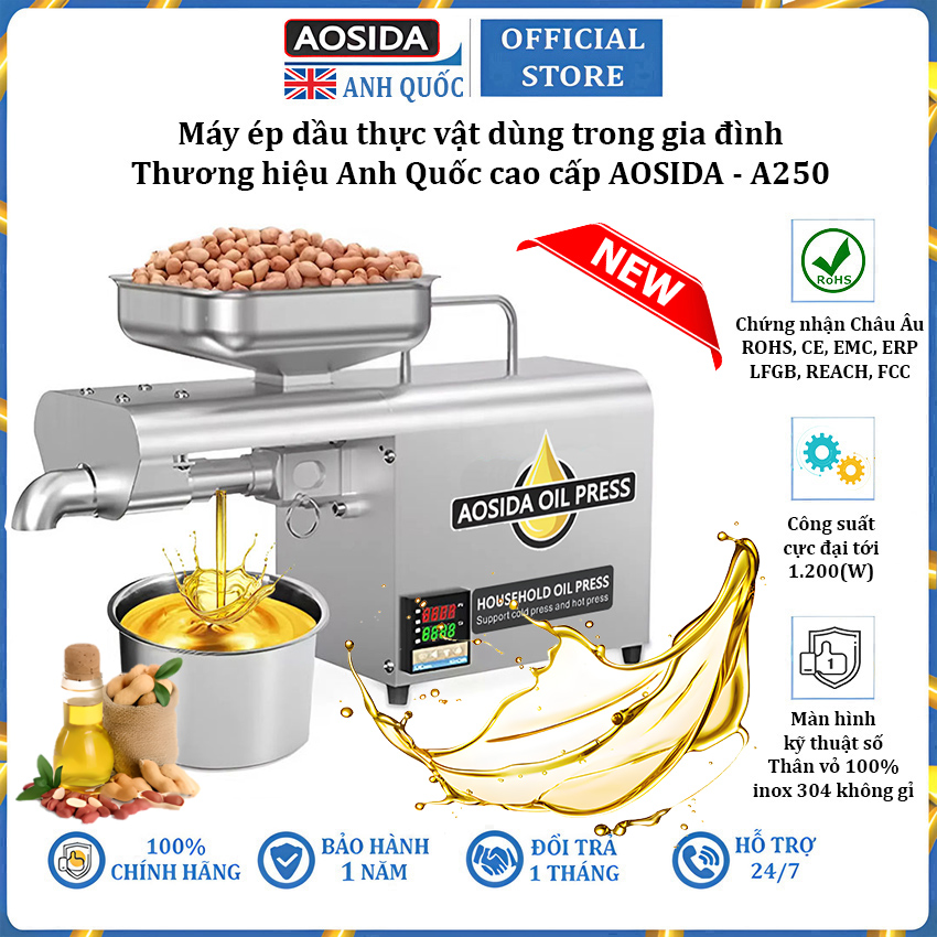 Máy ép dầu thực vật nóng và lạnh dùng trong gia đình thương hiệu Anh Quốc cao cấp AOSIDA A250 - Hàng Chính Hãng