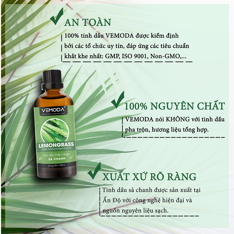 Tinh dầu Sả chanh cao cấp 100ML. Lemongrass Essential Oil. Tinh dầu xông phòng Vemoda giúp thanh lọc không khí, khử mùi, kháng khuẩn, đuổi muỗi, giải cảm, làm đẹp.