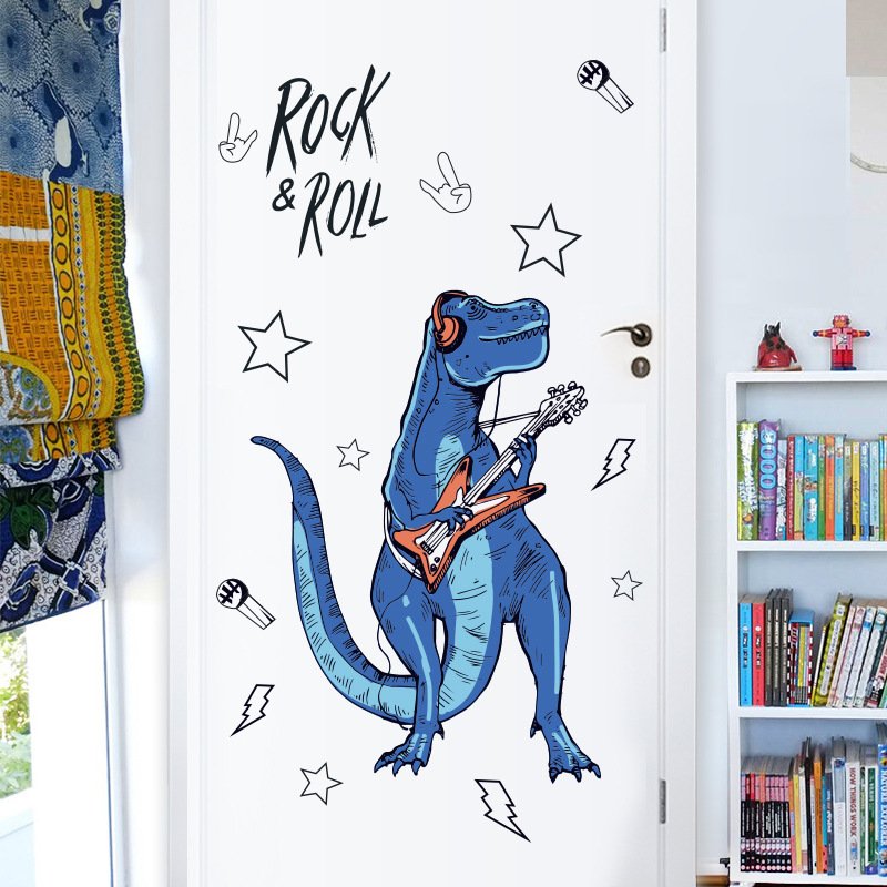 Decal dán tường khủng long xanh Rock and Roll sôi động