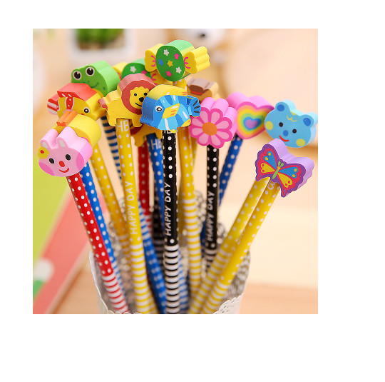 Combo 10 cây Bút chì kèm cục gôm tẩy nhiều mẫu siêu dễ thương - Bút chì viết cho học sinh + Tặng 1 ví/bóp đựng tiền may mắn
