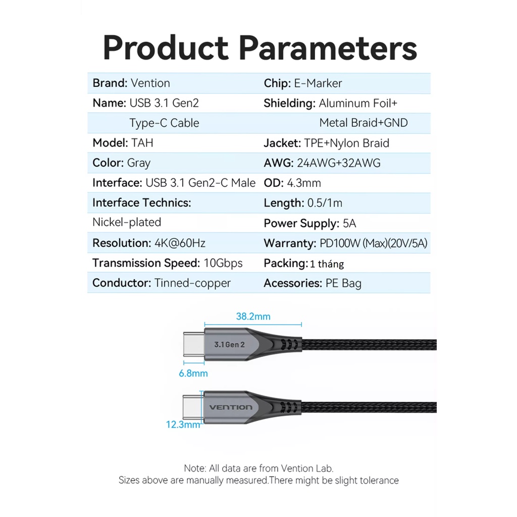 Cáp C to C USB3.1 Gen 2 sạc 100W truyền hình ảnh 4K Vention TAHHF/ mcdodo CA713 4K@30Hz  _ Hàng chính hãng