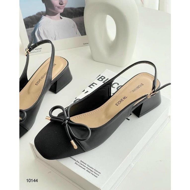 Giày sandal dáng slingback nữ mũi tròn đen phối nơ xinh xắn đế 3cm 2 màu đen trắng phong cách công sở nữ tính - Mã G55