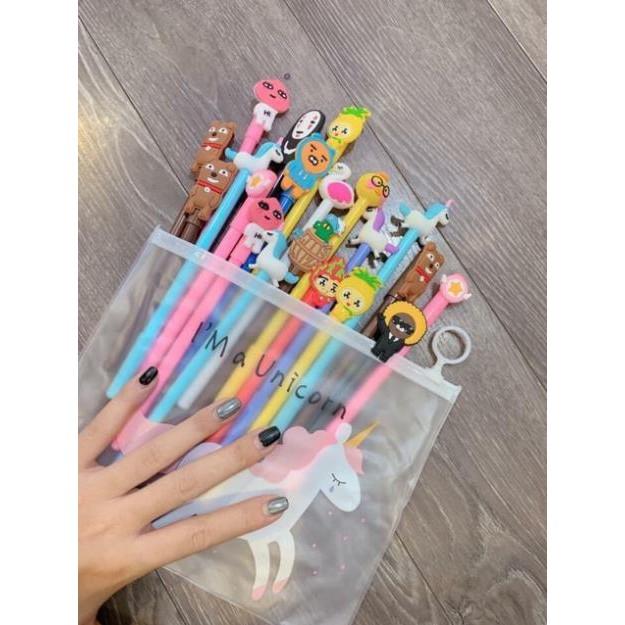 Set 20 bút bi nước hoạt hình tặng kèm túi bút siêu yêu