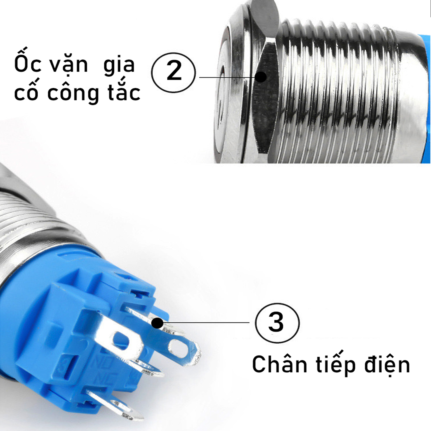 Công tắc nhấn giữ Tự khóa (Self-Lock)16mm (3-6V, 12-24V, 110-220V) Loại có đèn LED, Chất liệu Inox chống thấm nước
