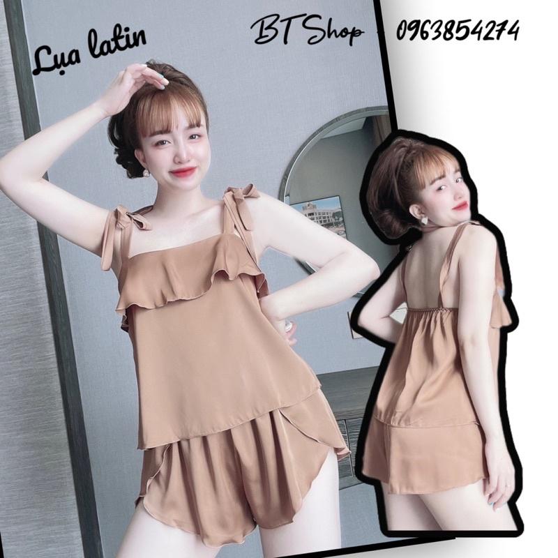 Đồ ngủ mặc nhà lụa latin trơn cột nơ quần đùi freesize 42-57kg
