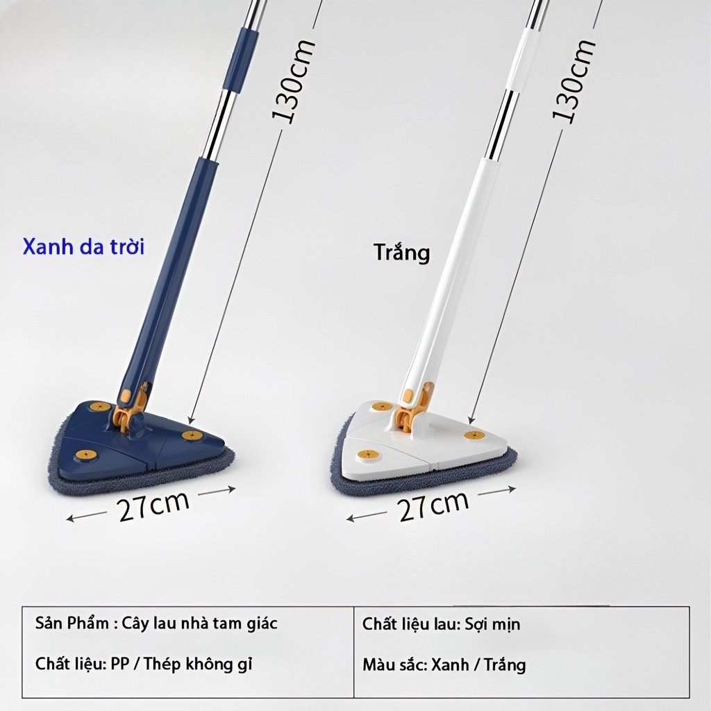 Cây chổi lau nhà cán cầm kéo dài từ 70-130cm thiết kế thông minh với bàn lau hình tam giác, bàn xoay 360 độ, có thể tự vắt rảnh tay, bông lau cotton hút ẩm, cuốn giữ bụi bẩn trên cao