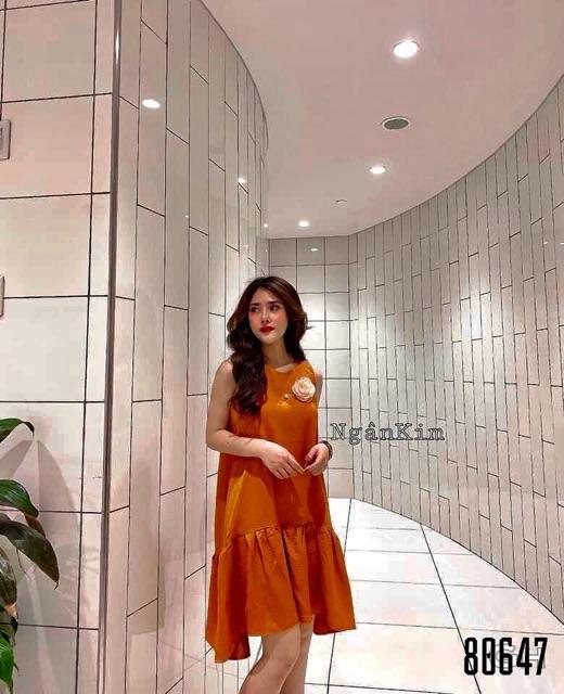 Đầm suông nhún lại form to kèm hoa rời cài áo ( Size M/L/XL/2XL đến 69kg) MMR