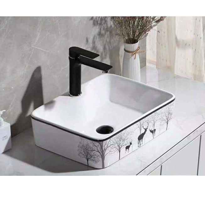 Chậu Lavabo đặt bàn hươu nai viền đen hình chữ nhật_CHINOX