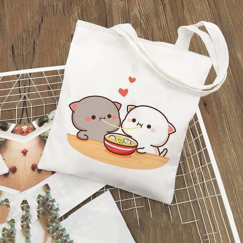 Túi Tote Vải Canvas Hình Cặp Đôi Mèo WICO Dễ Thương