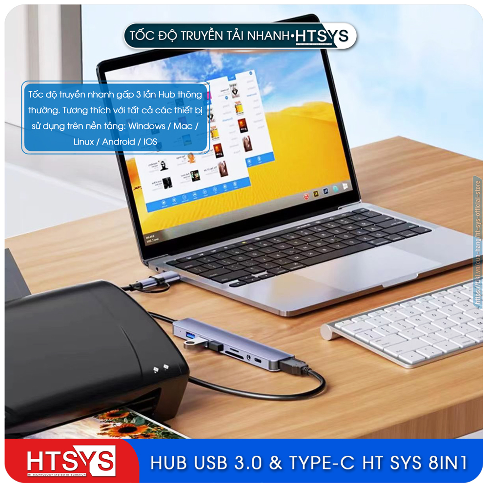 Hub Type C Và Hub USB HT SYS 8 in 1 To USB 3.0, SD, TF, USB C, Audio 3.5 - Hàng Chính Hãng