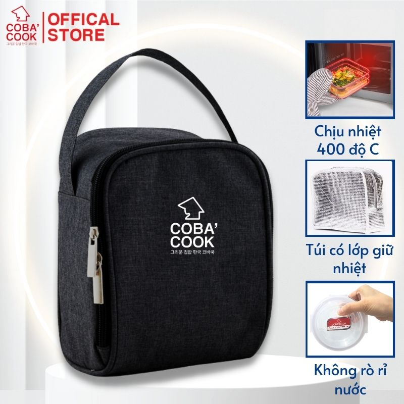 Túi đựng hộp cơm hình vuông logo COBA'COOK- 3 hộp dung tích 370 ml. Giấy bạc giữ nhiệt và 2 khóa kéo tiện dụng-CBS