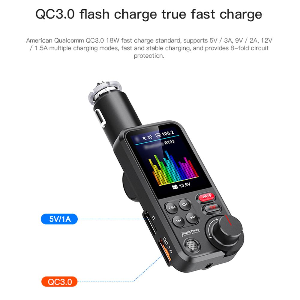 Car BT MP3 Player FM Transmitter Dual USB Car Charge Adapter with 1.8 Inch Color Display Support Hands-Free Calling U-Disk/TF Card Playback Voice Assistant Treble/Bass Adjustable Voltage Display