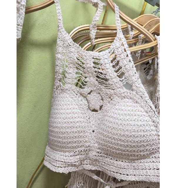 04-Set đi biển áo bra đan móc+ quần sóc ren hoa ( có bán rời)