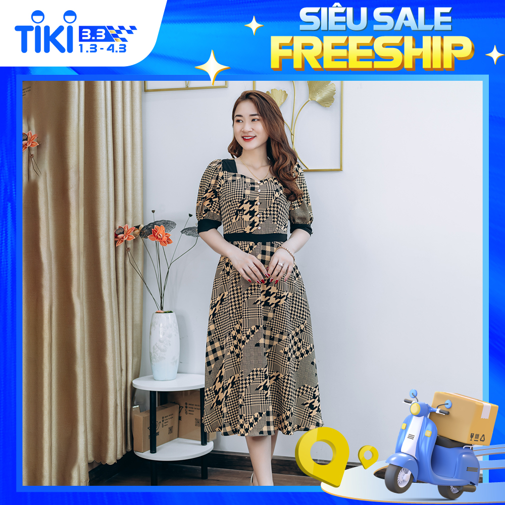 Đầm xòe thiết kế trung niên sang trọng Cổ vuông kết nút tay bo màu Đen kem TTV STORE TTV1268