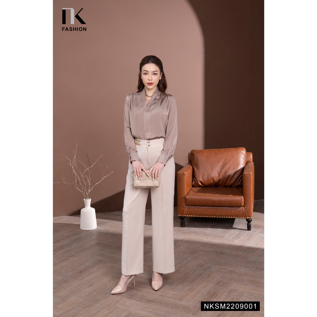 Áo Sơ Mi Dài Tay Thiết Kế Cổ V Vải Lụa Cao Cấp NK FASHION Kiểu Dáng Thanh Lịch Phù Hợp Công Sở Dự Tiệc NKSM2209001