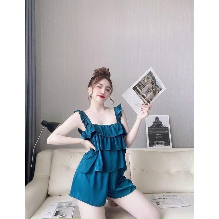 Giá Rẻ Đồ bộ lụa satin 2 dây cánh tiêng áo xếp bèo tầng quần đùi đồ ngủ mặc nhà cao cấp
