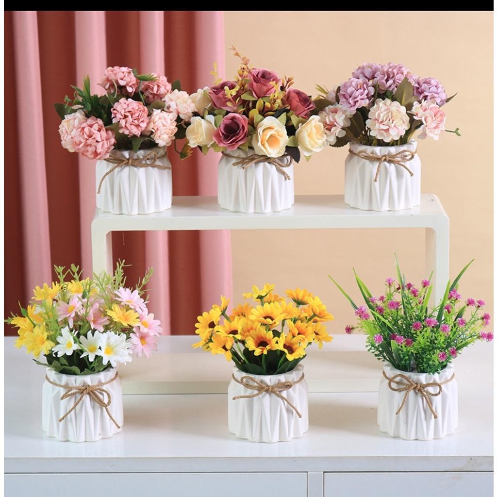 Hoa lụa, Chậu hoa sứ mini cắm sẵn trang trí kệ tủ, để bàn trà nhiều mẫu flower-01