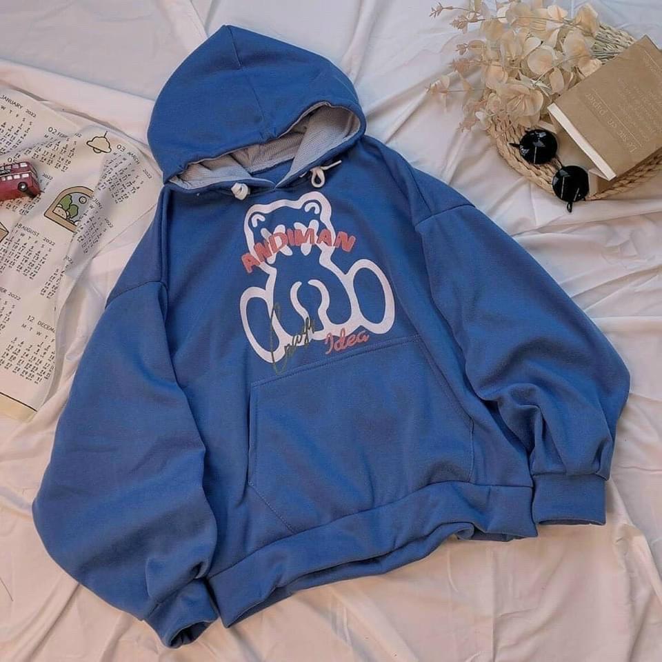 Áo khoác hoodie from rộng, Áo khoác nỉ ngoại chống nắng có lớp trong ADIMAN HÌNH GẤU