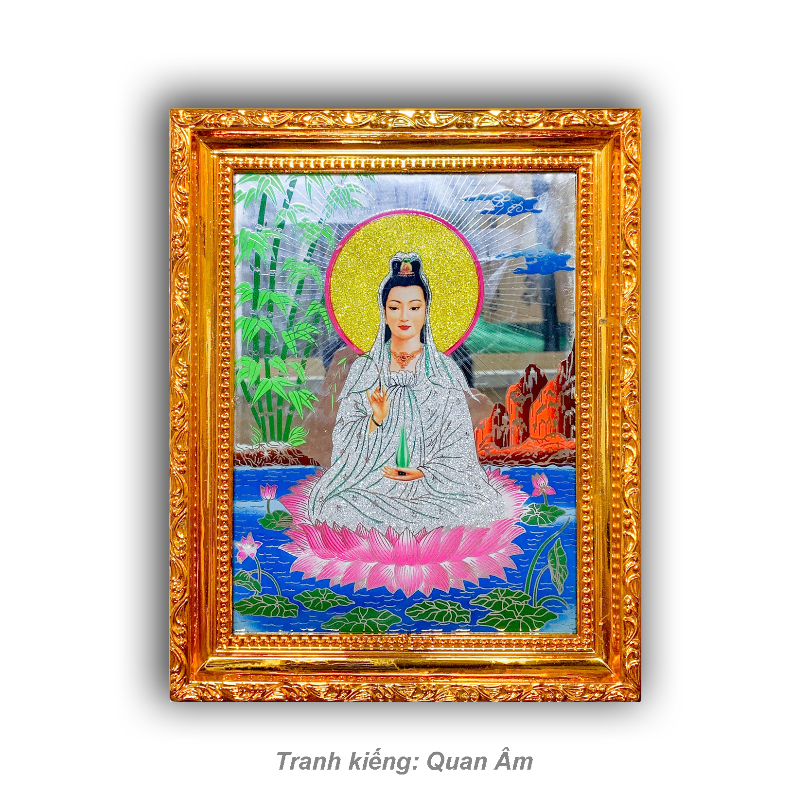 Tranh kiếng thờ mẹ Quan Âm ngồi Đài Sen - khung nhựa cứng mạ vàng