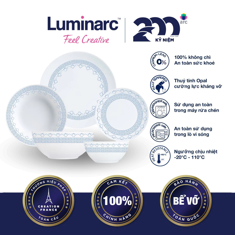 Bộ Bàn Ăn Tô Chén Đĩa Thuỷ Tinh Luminarc Geomatric Blue 12 món - LUGE12M