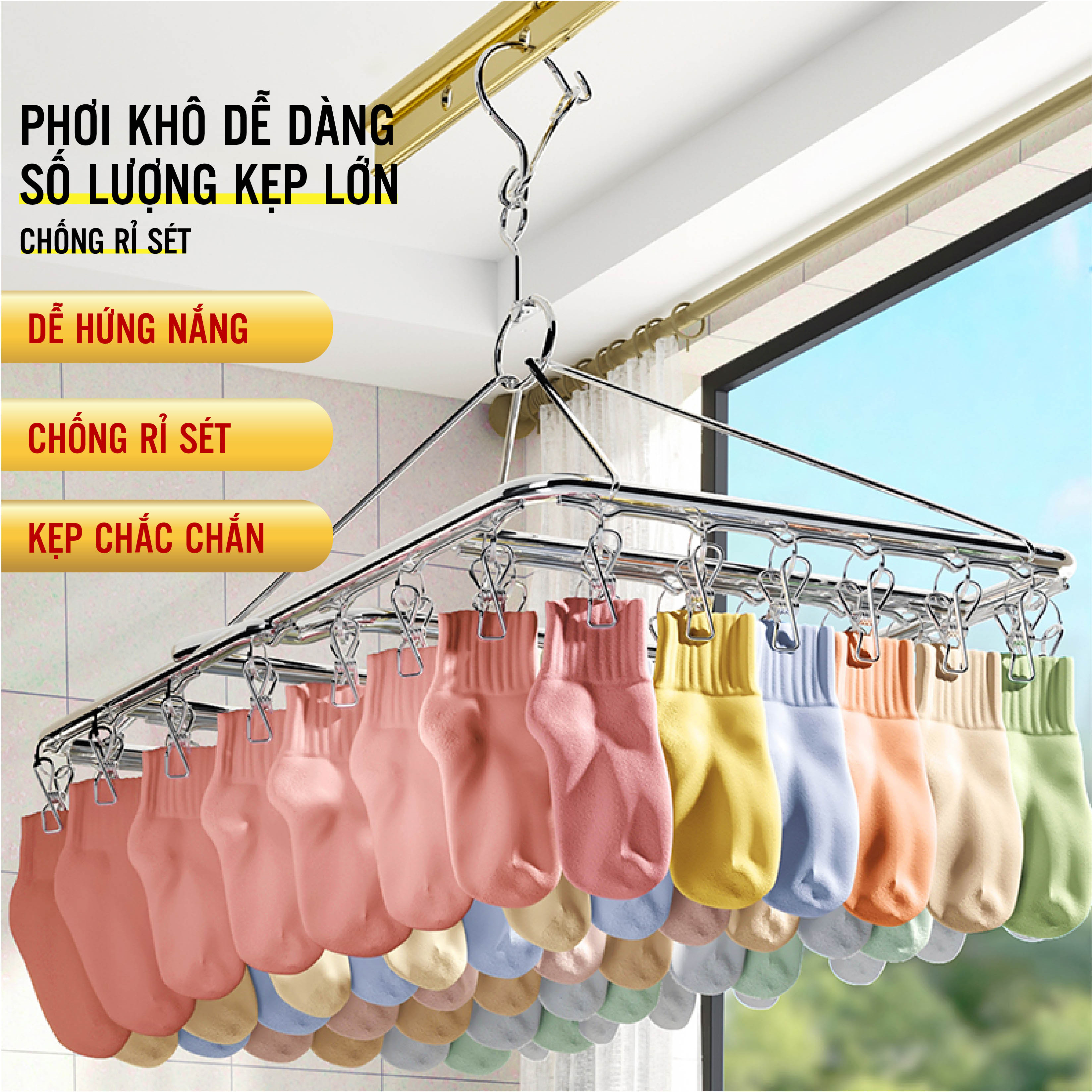 Móc Phơi Quần Áo Loại Chùm Vuông 52 Kẹp INOX Phiên Bản Cao Cấp Bền Đẹp Giúp Treo Đồ Người Lớn Và Trẻ Em