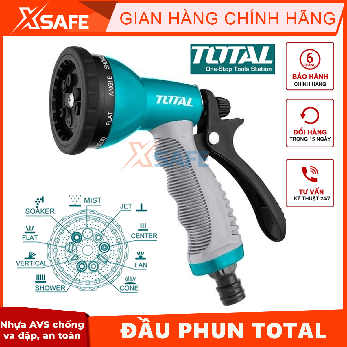 Vòi phun nước xịt rửa TOTAL THWS010901 Vòi xịt tưới cây 8 tia, bộ công cụ 3/4&quot;, thân nhựa ABS TPR tay cầm thoải mái