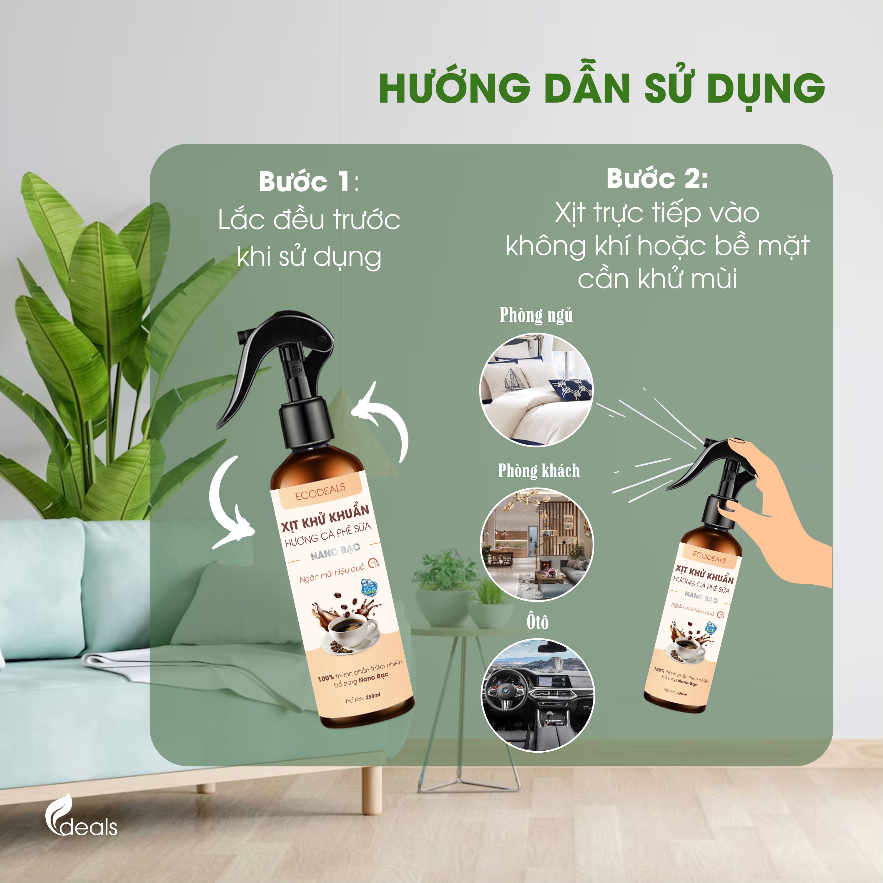 Xịt Khử mùi Kháng khuẩn thảo dược công nghệ Nano Bạc ECODEALS - Tinh dầu Cà phê sữa