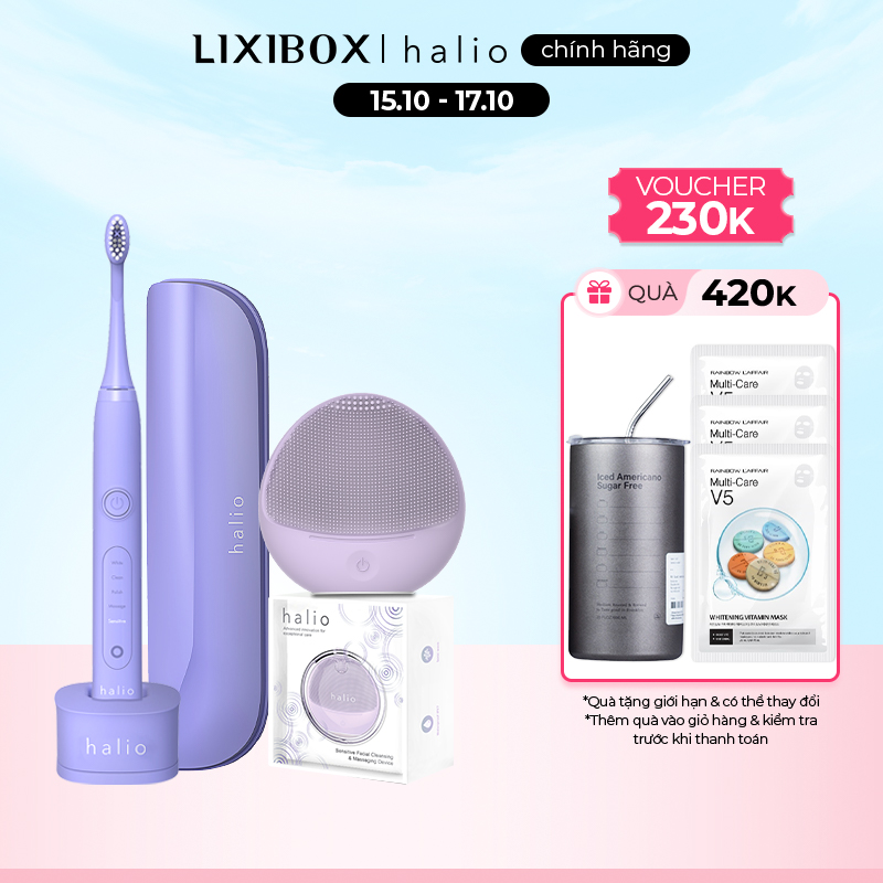 Combo Bàn chải điện Halio Sonic Toothbrush PRO Periwinkle Và Máy Rửa Mặt Cho Da Nhạy Cảm Purple Rain