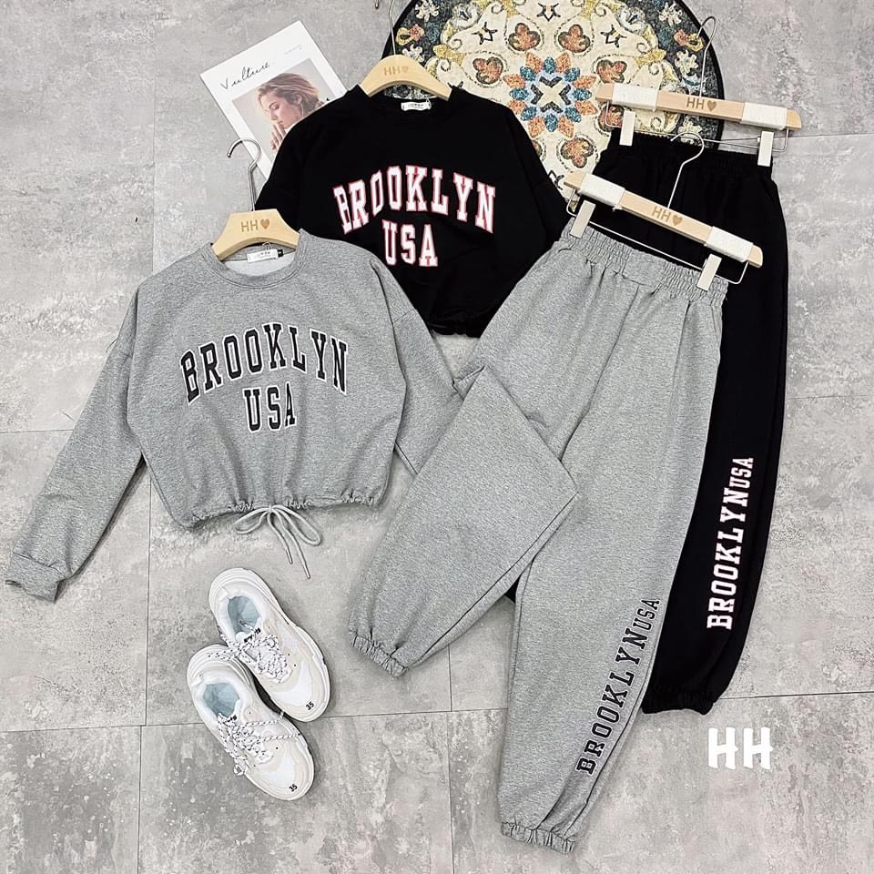 Bộ đồ quần jogger bo gấu áo dày tay dáng croptop dây rút in chữ u.s.a  2 màu chất đẹp