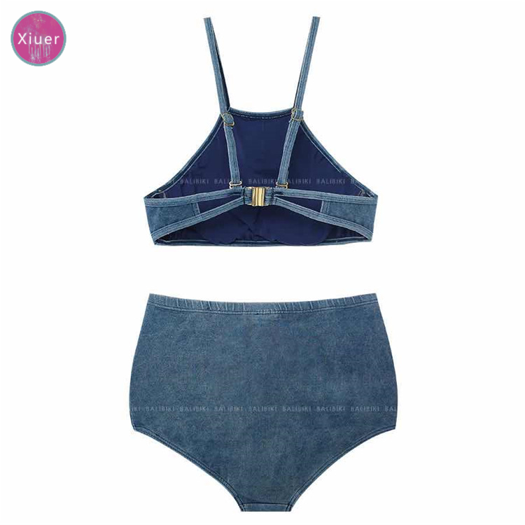 Xiuer Bộ Đồ Bơi bikini Vải denim Cạp Cao Có Đệm Ngực Phong Cách Hàn Quốc Gợi Cảm Chất Lượng Cao Đi Biển#Y33