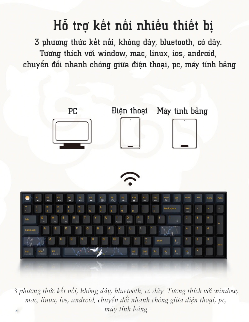 Bàn phím cơ không dây Dual Mode Newmen GM1000(Phiên bản Tiên Hạc-Trăng &amp; Mây đặc sắc),Hotswap,Keycap PBT double-shot,LED RGB, đa chế độ kết nối (Bluetooth 5.0/Wired/2.4G)-Hàng chính hãng, bảo hành 24 tháng