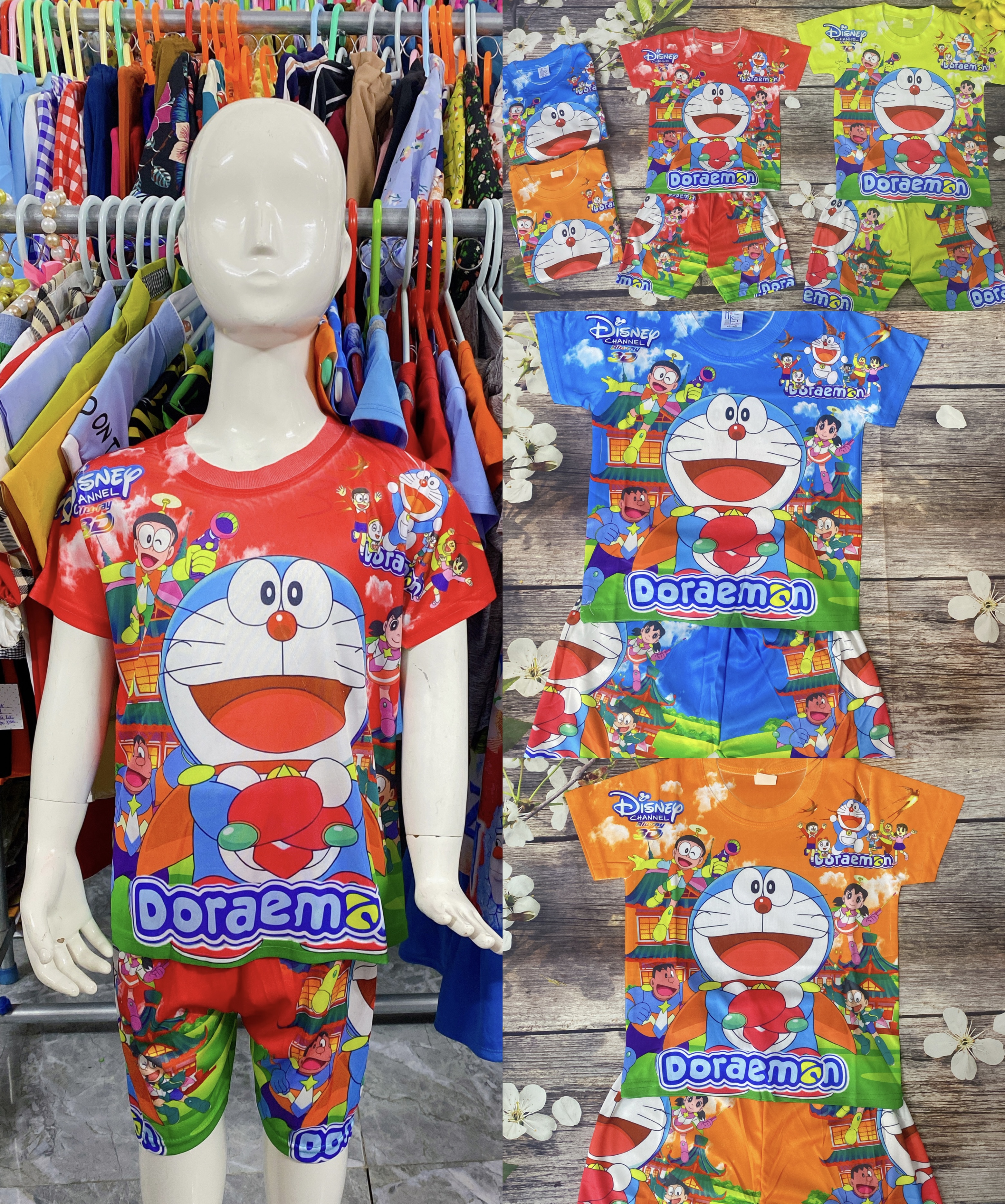 Bộ Thun Size 7-19Kg, 6 Tháng-5 Tuổi In 3D Đoraemon, Áo Quần Thun Lạnh Bé Trai