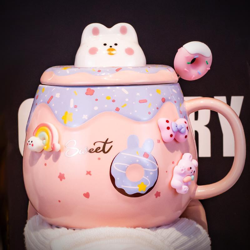 Cốc Sứ Donut Hoạt Hình Thỏ Dễ Thương Có Nắp 3D Và Thìa Khuấy Cute 400ml - Quà Tặng Trẻ Em Bạn Gái