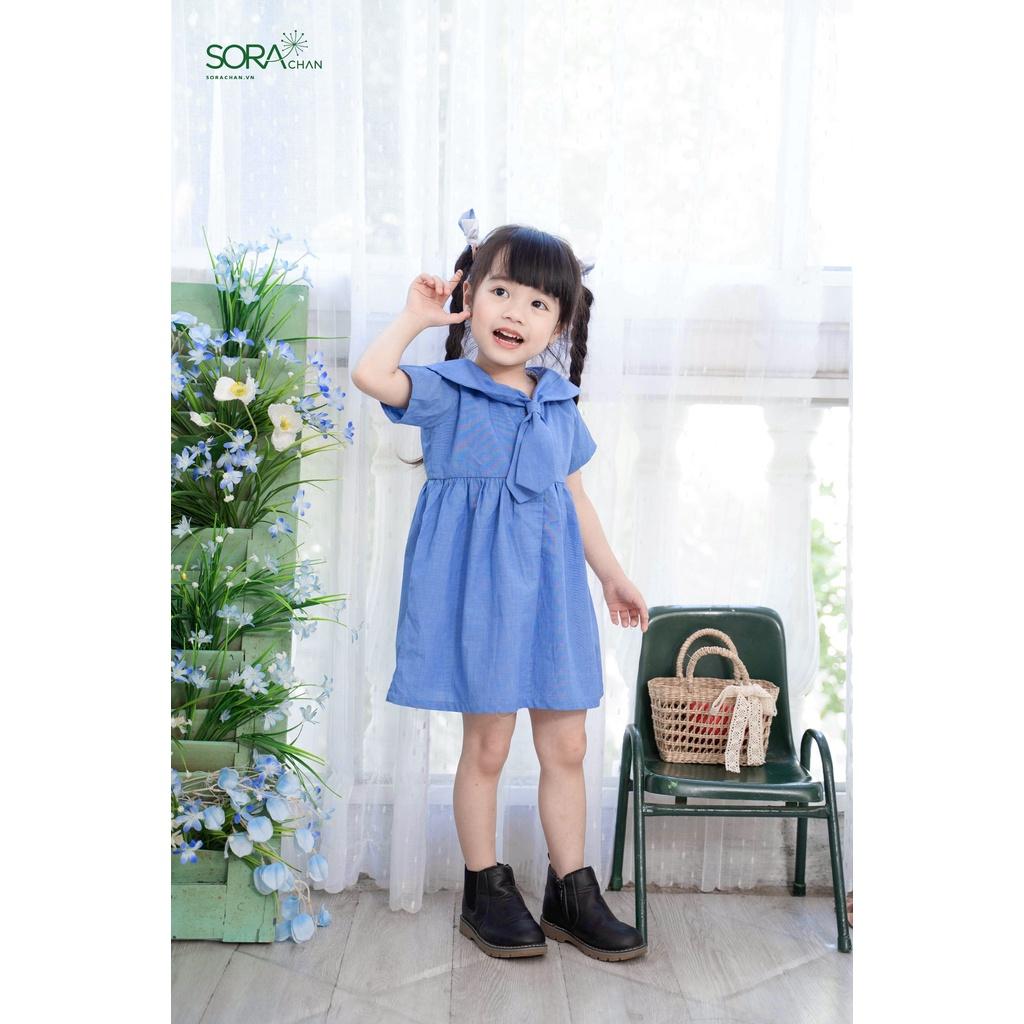 Váy đầm cổ sen nút dọc mầu xanh cho bé gái Sora Chan - M003