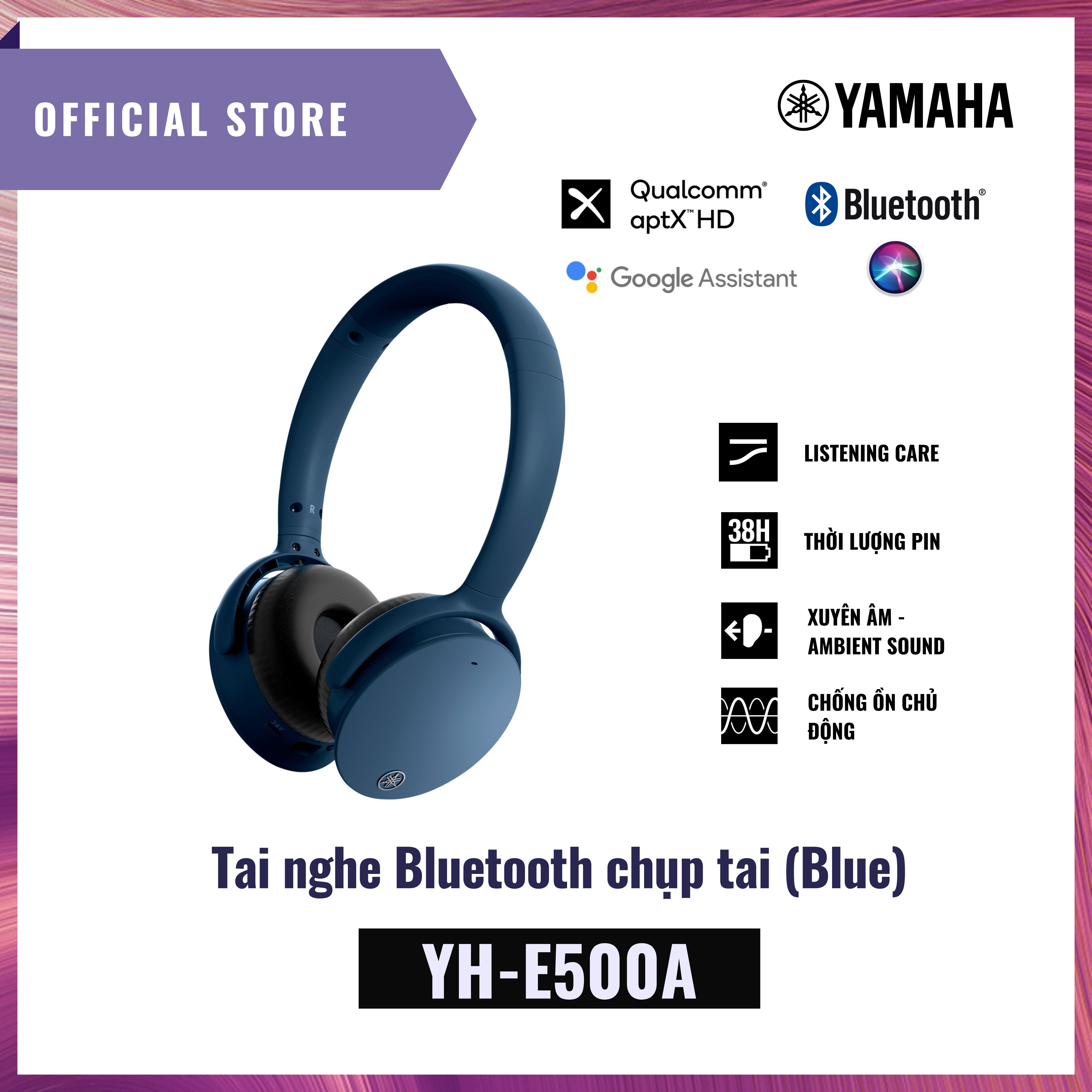 Tai nghe bluetooth Yamaha YH-E500A - Tai nghe không dây chụp tai - Khả năng chống nước tốt - Hàng Chính Hãng