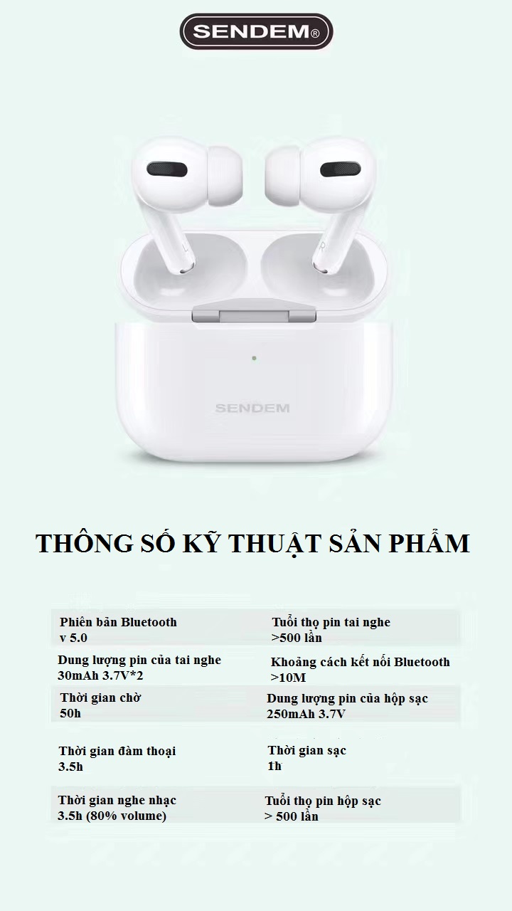 Tai nghe True Wireless SENDEM TWS PRO Bluetooth V5.0 hỗ trợ định vị, sạc không dây - Hàng chính hãng