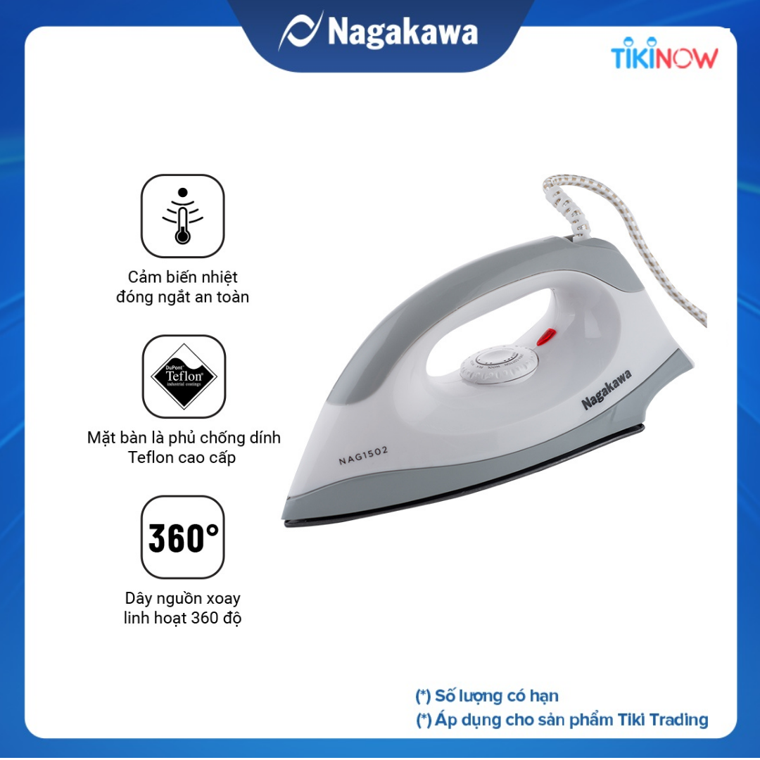 Bàn Ủi Khô Nagakawa NAG1502 (1200W) - Màu Ghi - Hàng Chính Hãng