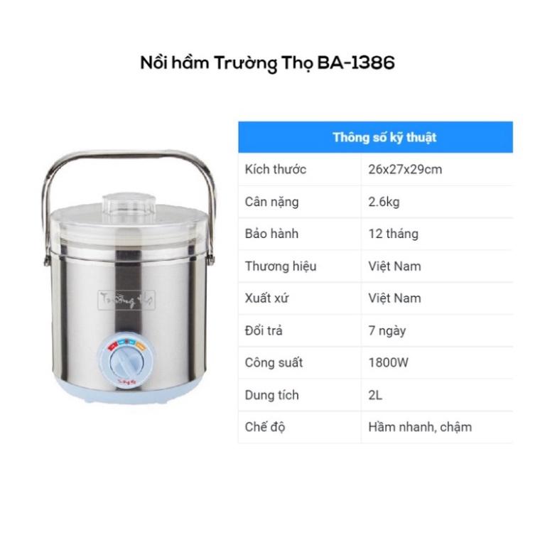 Nồi hầm Trường Thọ BA-1386 dung tích 2 Lít nồi nấu cháo cặp lồng nấu cháo mang đi [Hàng chính hãng ]