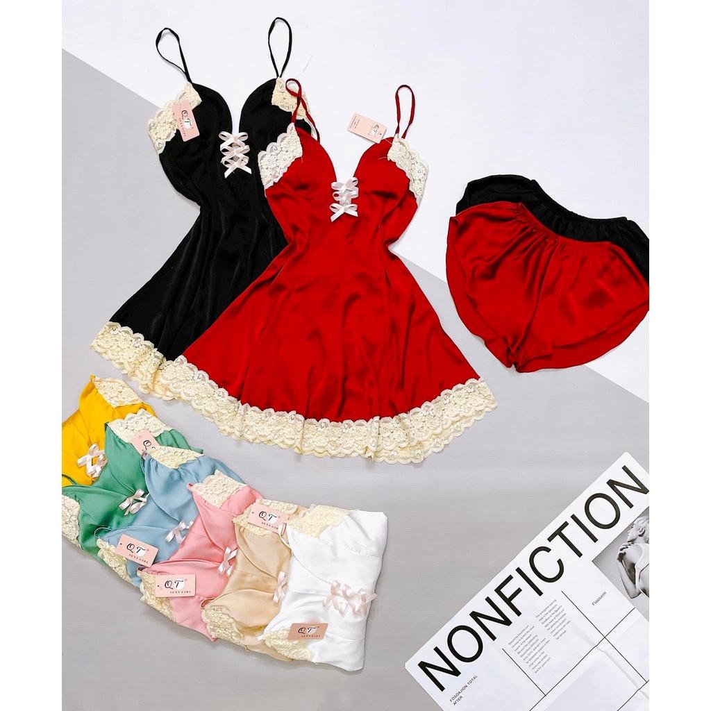 Váy ngủ 2 dây gợi cảm - Đầm ngủ sexy phối ren kèm quần dây thắt nơ trước ngực