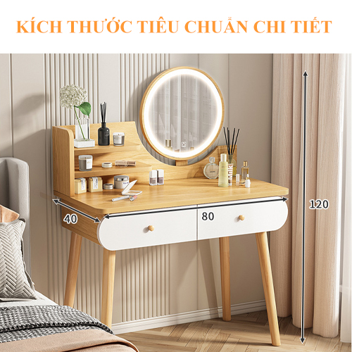 Bàn trang điểm mini gỗ đẹp giá rẻ có đèn Led kèm ghế, bàn phấn kiểu bắc âu dành cho chị em - A21