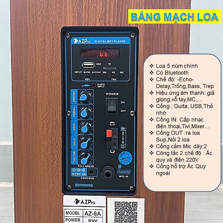 Loa kéo Bluetooth  AZPRO,AZ-8,Bass 20,Thùng gỗ,Tặng 1 mic không dây hát Karaoke,Hàng chính hãng