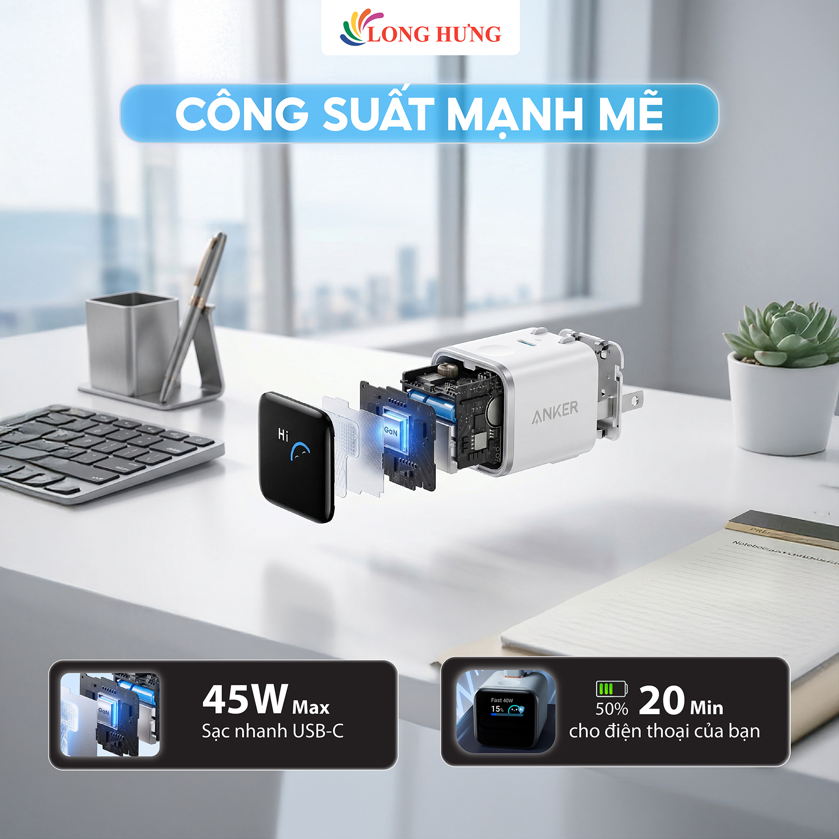 Cốc sạc Anker Nano 1C GaN Compact 180° Foldable Smart Display IQ3 45W A121D - Hàng chính hãng