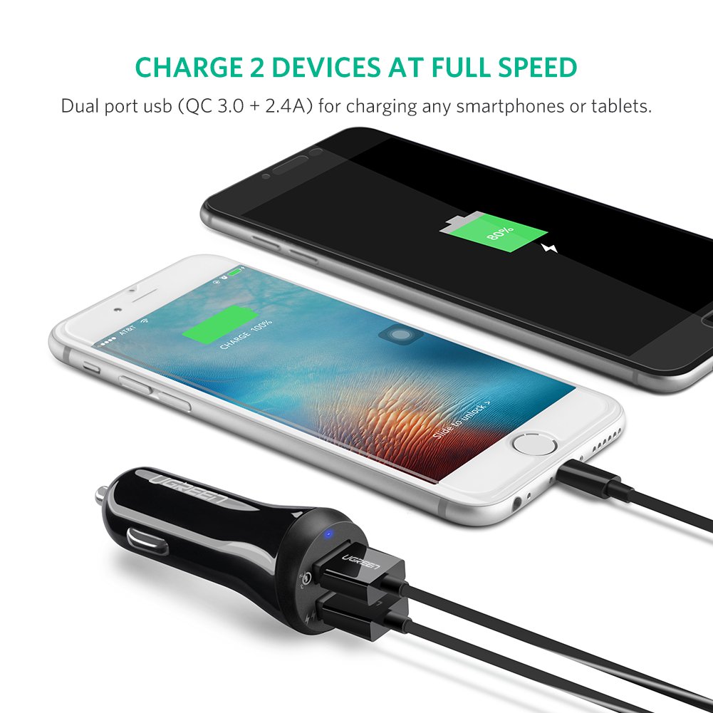 Sạc trên ô tô 2 cổng Quick Charge 3.0 chính hãng Ugreen 40309 cao cấp Màu Đen