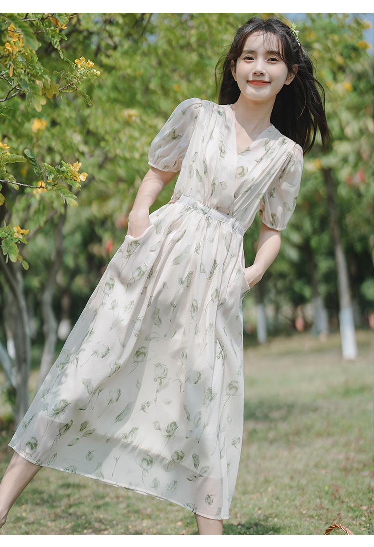 CHENGRUI Pháp nhỏ làm mới váy ngọt ngào thắt lưng ren-up trà nghỉ váy dài mùa hè hoa đầm phụ nữ