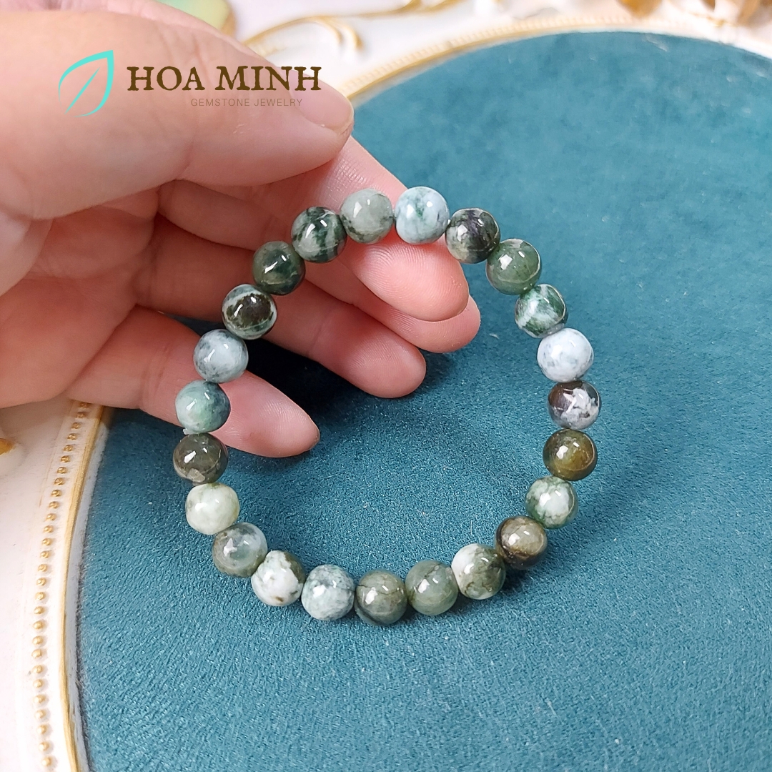 Vòng chuỗi tay đá Cẩm Thạch tự nhiên lên bông trơn size hạt 8 li rất đẹp không kén mệnh