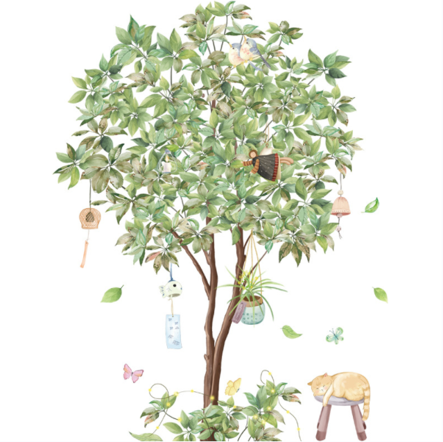 Decal trang trí tường - Cây xanh cùng những chiếc chuông gió