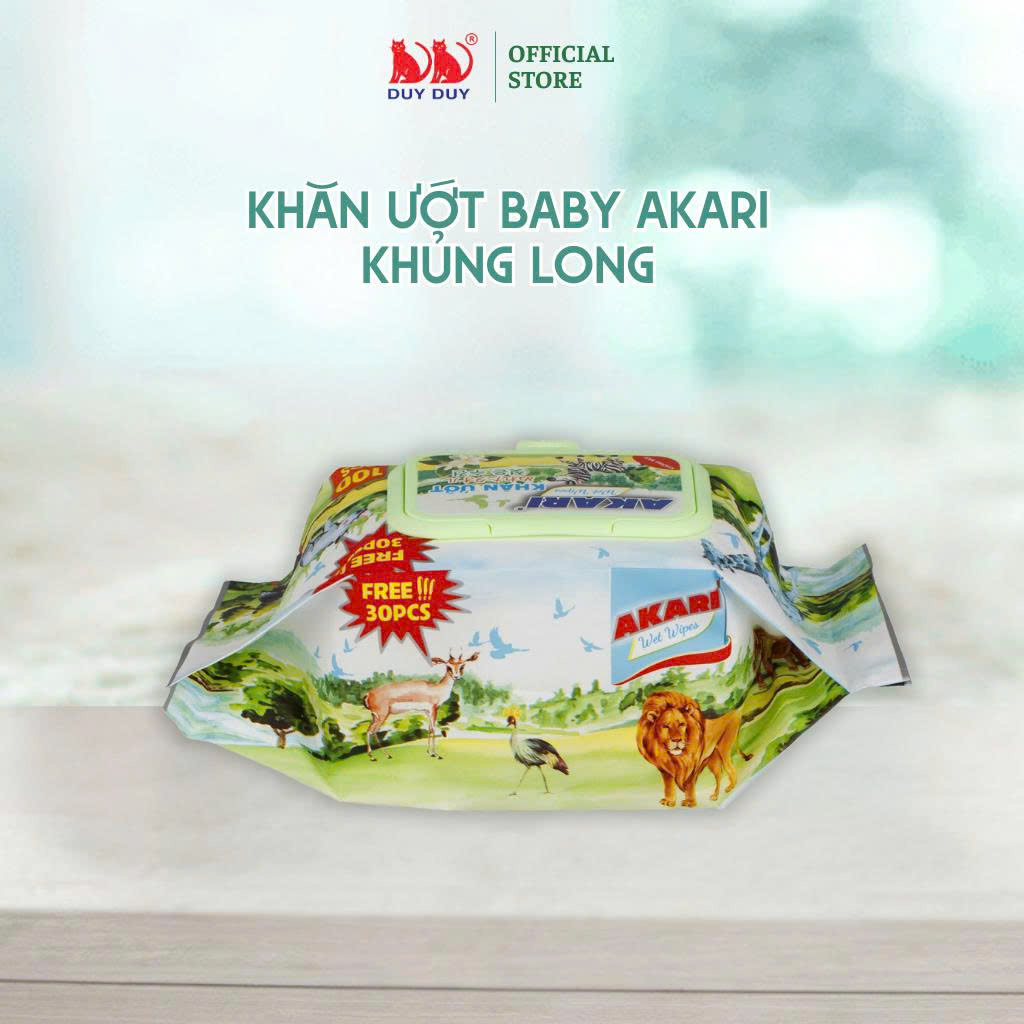 Khăn ướt Akari khủng long vải không dệt rayon cao cấp 130 miếng 13.5x20cm không paraben dành cho bé