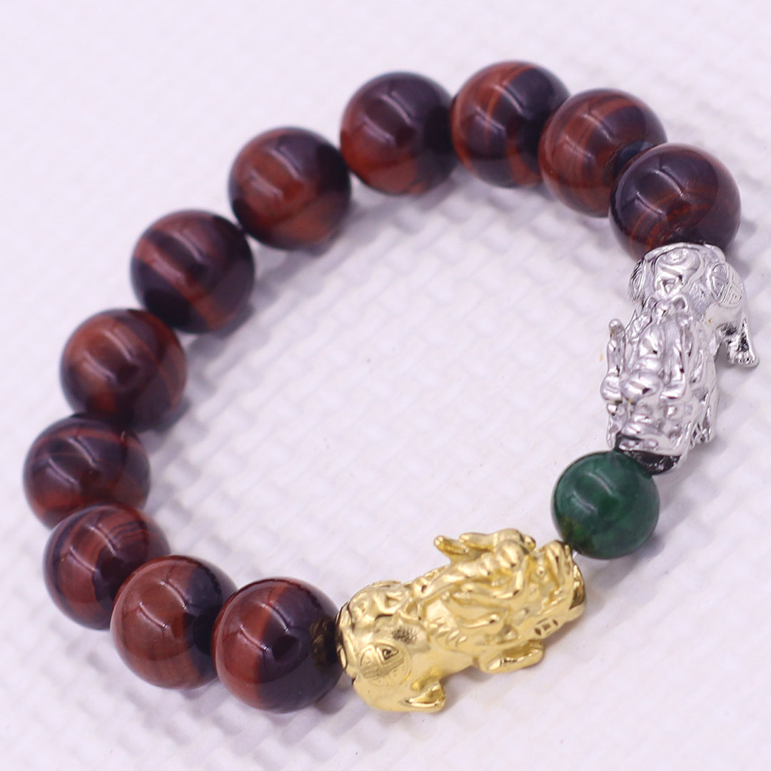 Vòng chuỗi đeo tay đá mắt hổ đen đỏ 12 ly charm tỳ hưu đôi inox trắng và vàng, vòng chuỗi phong thủy, charm tỳ hưu, vòng tay hạt chuỗi